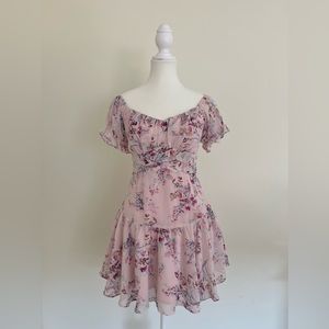 Floral Pink Dress with Frill Sleeve and Belt